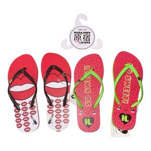 Women’s Graphic Flip Flops Size 7/8 Watermelon & Lips Design Lot of 2 Harajuku